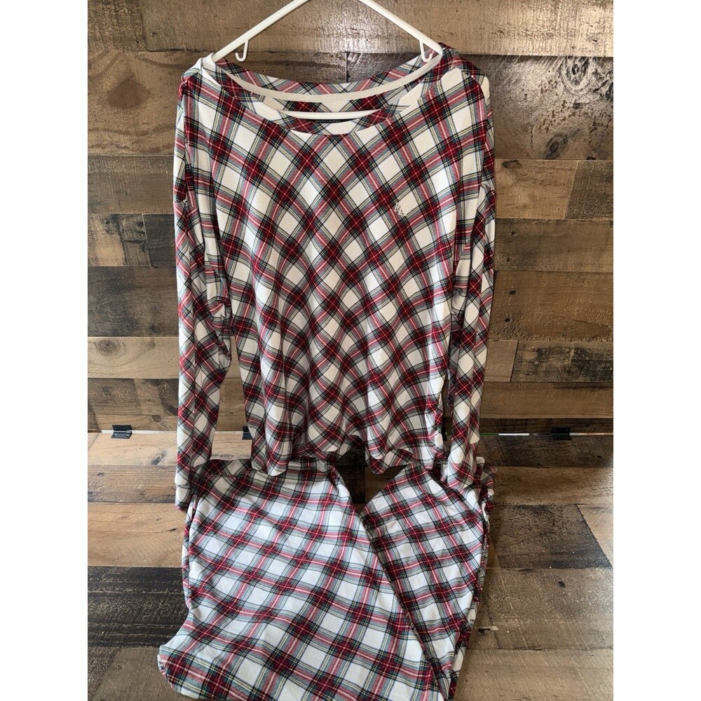 RALPH LAUREN Size XL Women's Jogger Pajama Pant Set Ivory Plaid Jersey